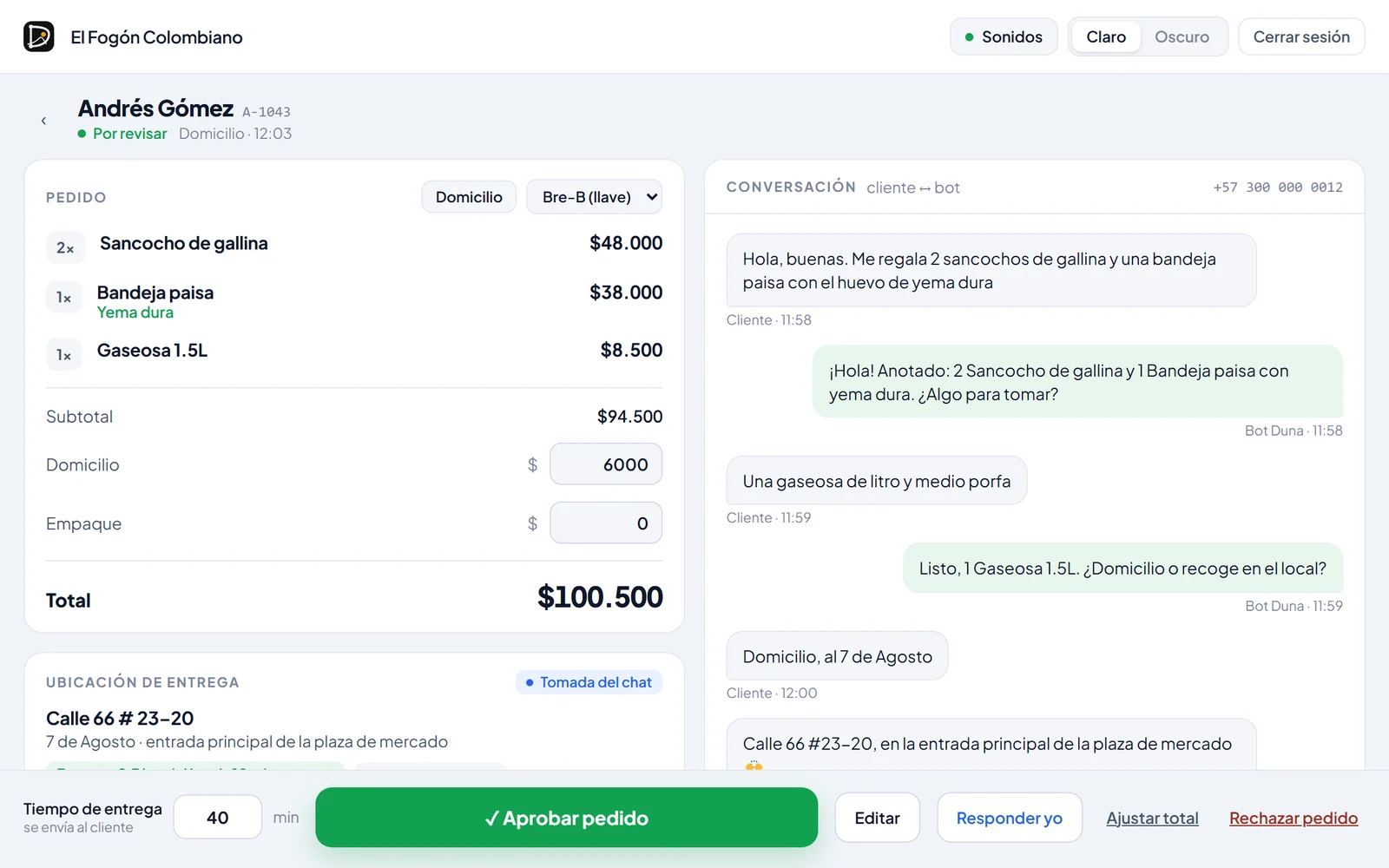 Detalle de un pedido junto a la conversación del cliente