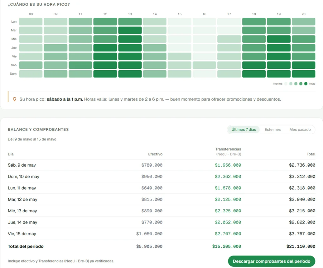 Horas pico y balance del período en el panel del dueño