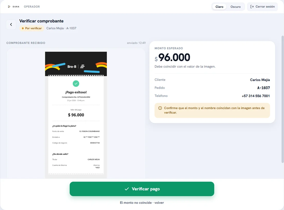 Verificación de un comprobante de pago en el panel del operador