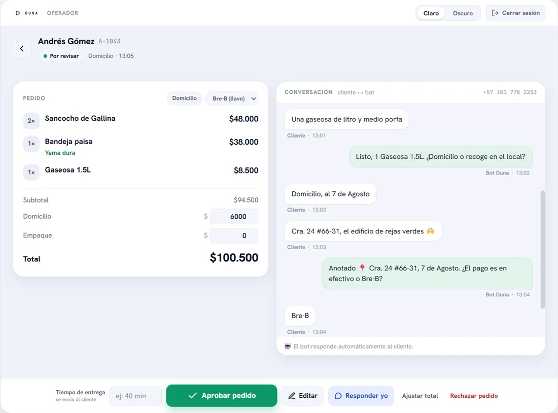 Panel del operador: el pedido estructurado junto a la conversación del cliente